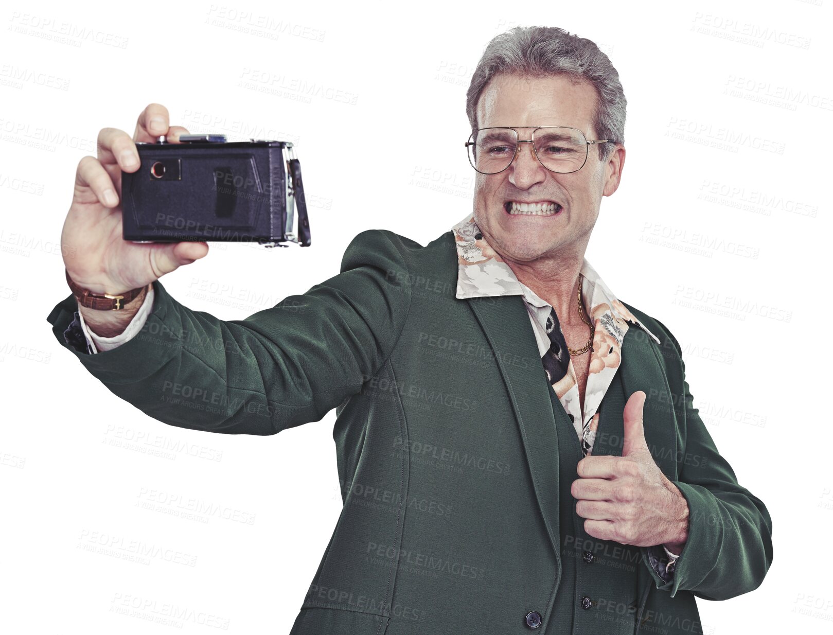 Buy stock photo Portrait, mature man and selfie with happiness, 70s, spectacles and retro clothes with thumbsup. Guy, quirky and vintage with suit, thank you and winner and isolated on transparent png background.