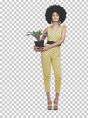 Buy stock photo Portrait, retro or woman with pot plant in cool fashion outfit isolated on png transparent background. Girl, green flower or biracial afro person with confidence, vintage style or 70s funky clothes