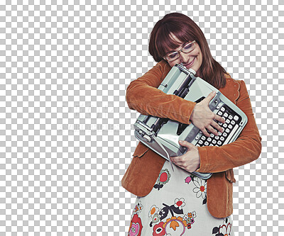 Buy stock photo Love, journalist or happy woman with a retro typewriter isolated on a transparent png background. Smile, glasses and writer with hug for vintage technology for professional or creative work in Italy