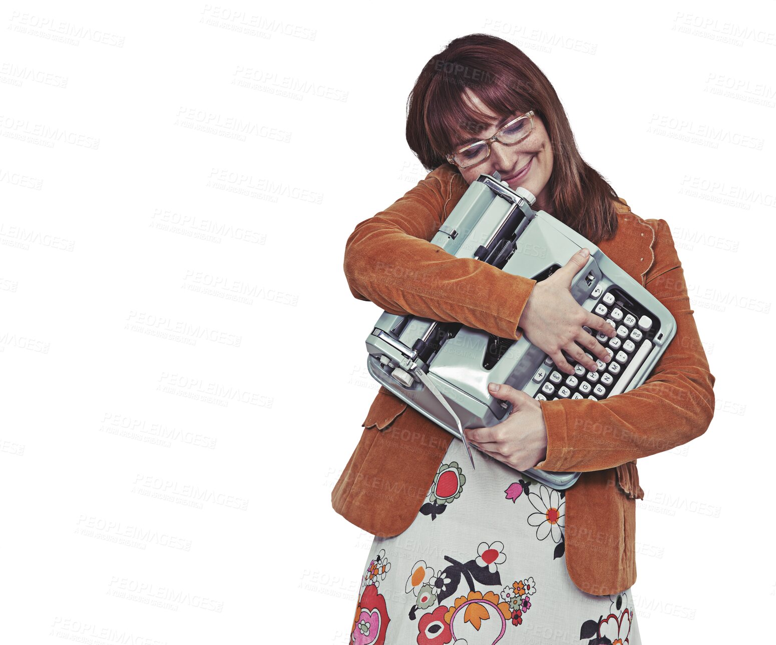 Buy stock photo Love, journalist or happy woman with a retro typewriter isolated on a transparent png background. Smile, glasses and writer with hug for vintage technology for professional or creative work in Italy