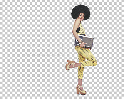 Buy stock photo Portrait, retro fashion or woman with radio in cool outfit in casual style isolated on png transparent background. Biracial, disco music or afro girl with confidence, vintage or 70s funky clothes