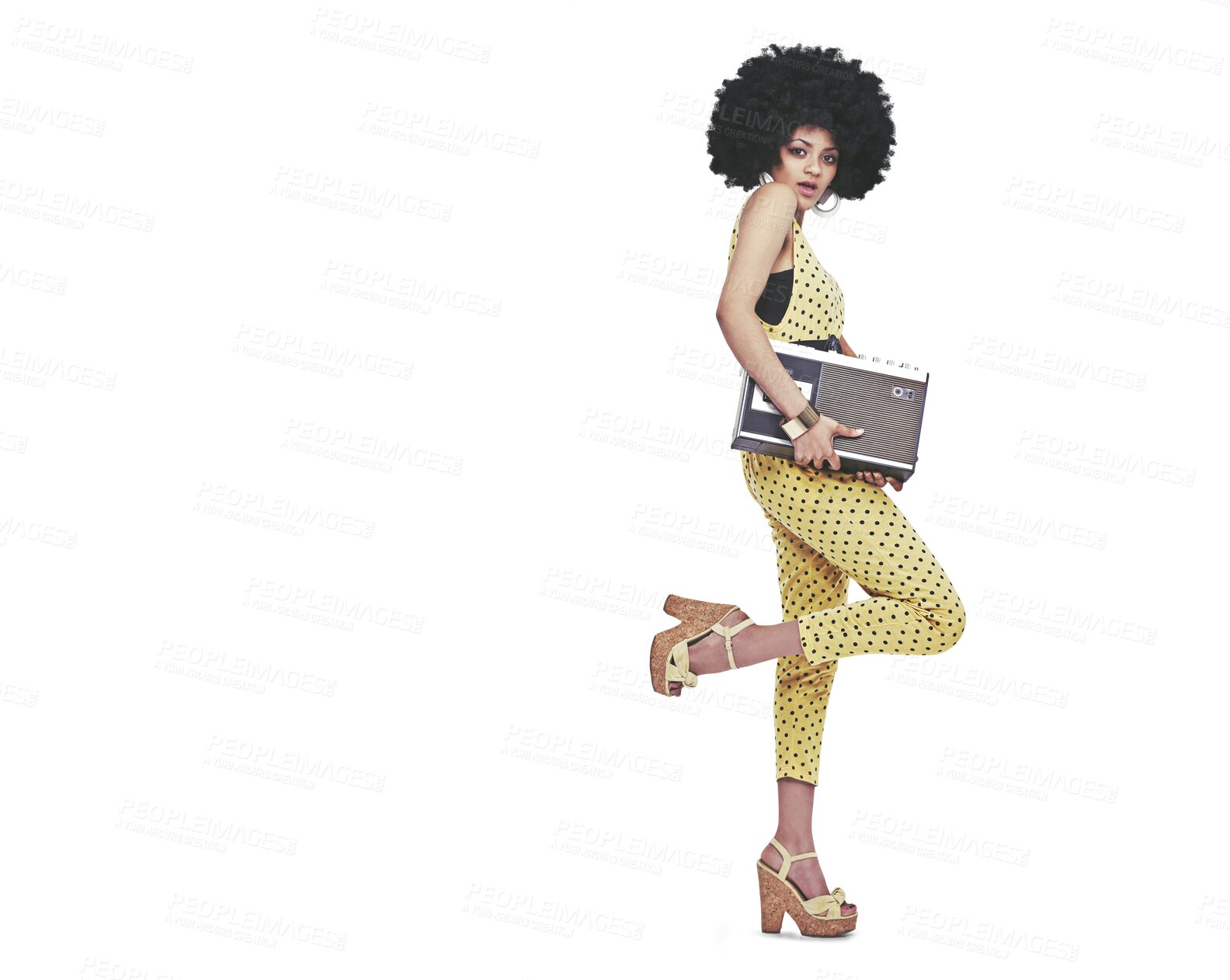 Buy stock photo Portrait, retro fashion or woman with radio in cool outfit in casual style isolated on png transparent background. Biracial, disco music or afro girl with confidence, vintage or 70s funky clothes