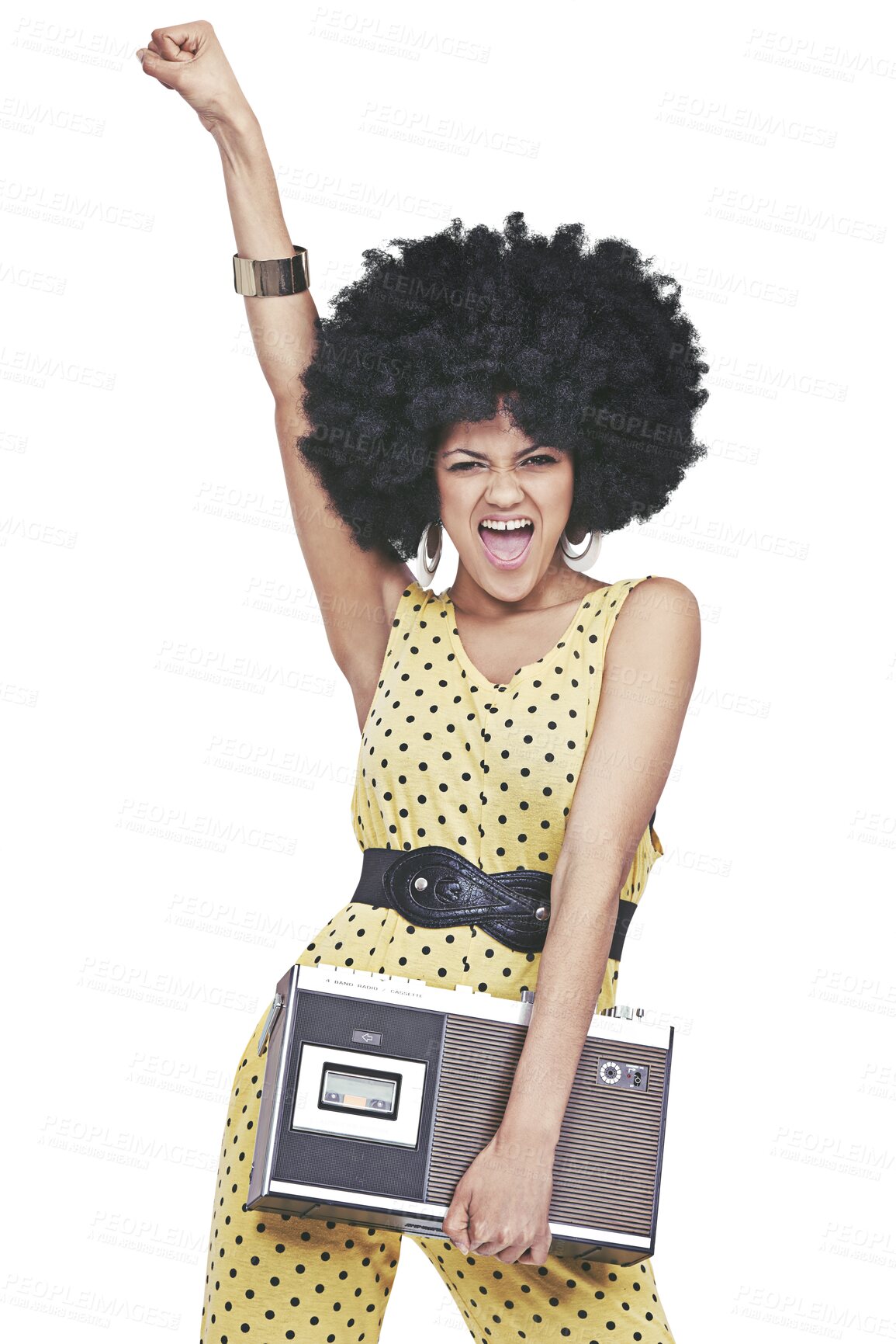 Buy stock photo Portrait, retro or woman with radio shouting in cool outfit isolated on png transparent background. Fist for freedom, disco music or afro girl screaming in fashion, vintage style or 70s funky clothes