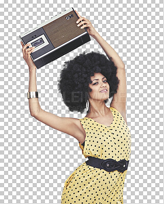 Buy stock photo Retro radio, afro fashion and happy woman isolated on transparent png background, smile and party portrait. Vintage club culture, disco and cool model with dance music, fun style and funk clothes.