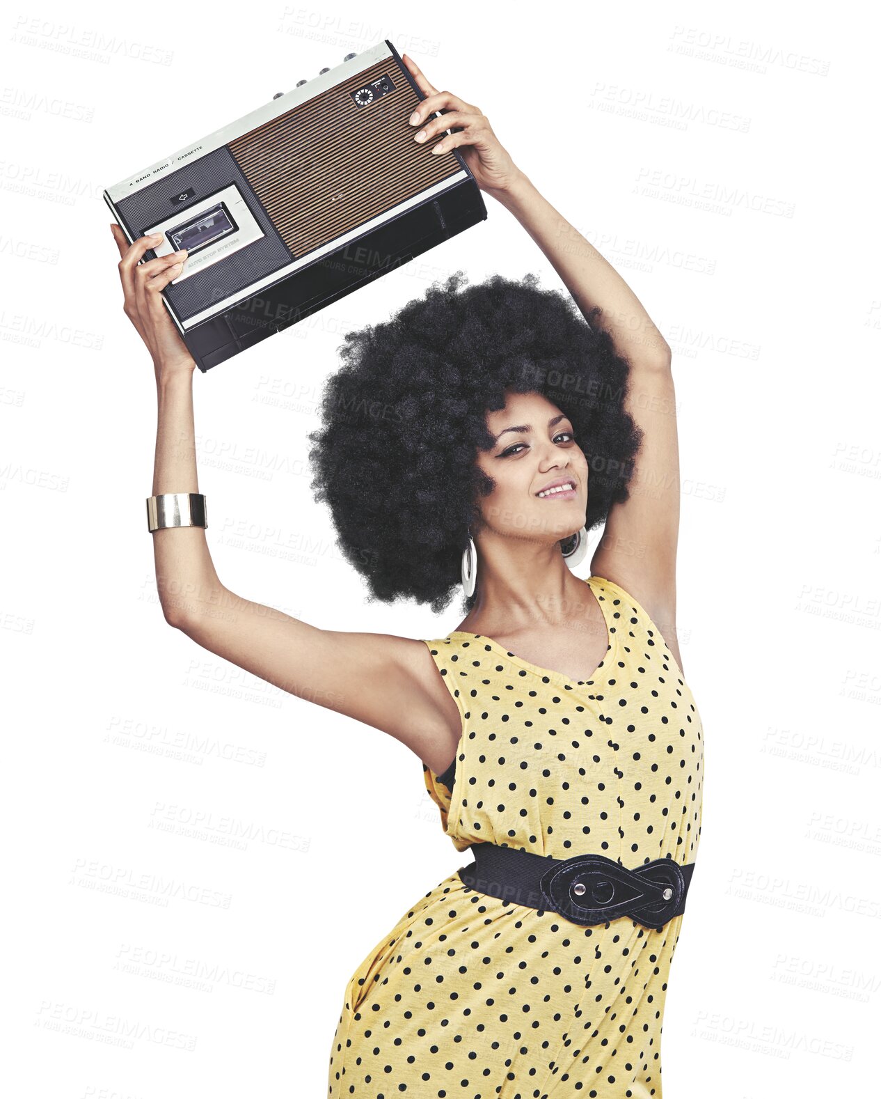 Buy stock photo Retro radio, afro fashion and happy woman isolated on transparent png background, smile and party portrait. Vintage club culture, disco and cool model with dance music, fun style and funk clothes.