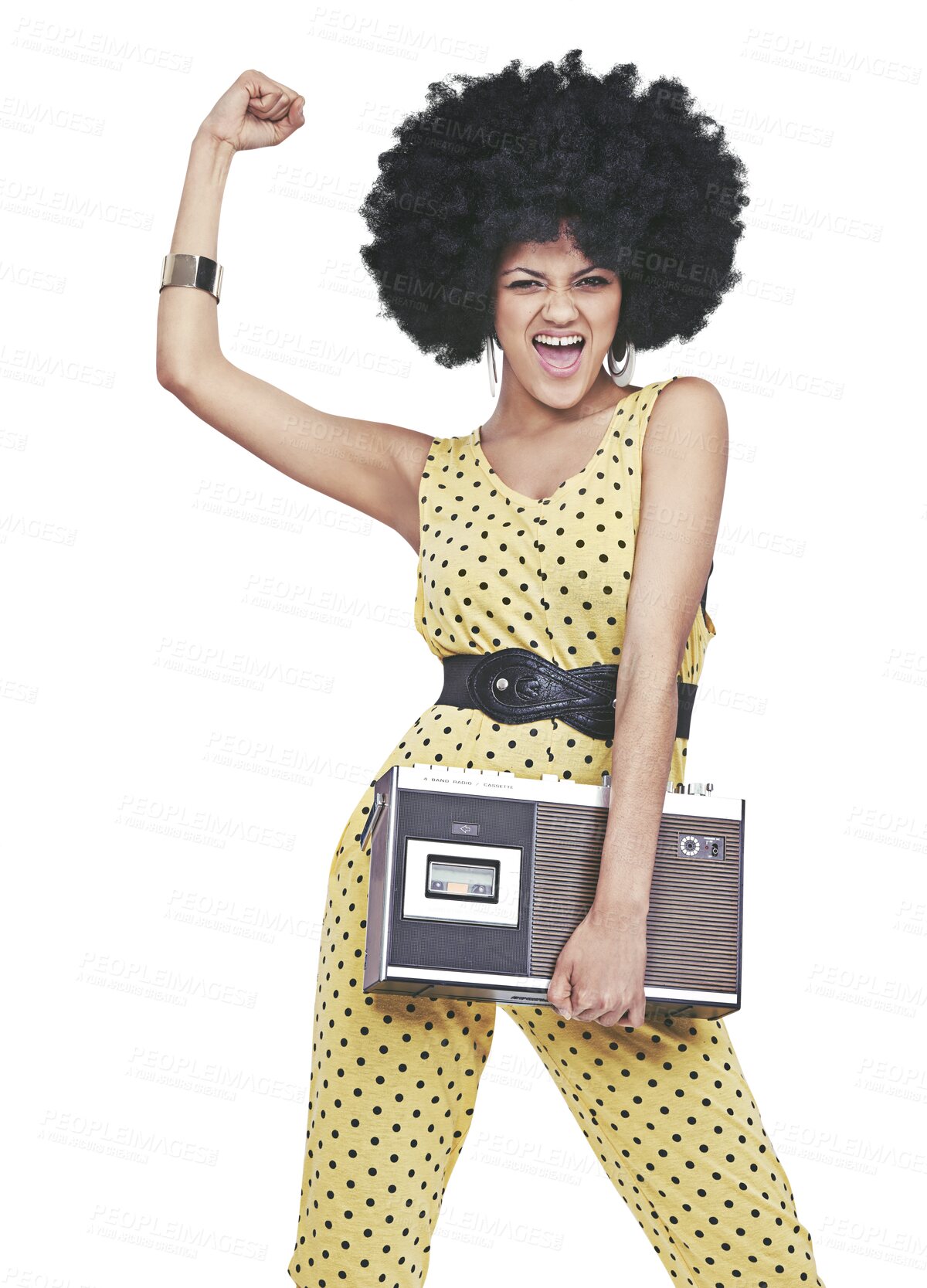 Buy stock photo Portrait, retro or woman with radio or power shouting in cool outfit isolated on png transparent background. Fist, disco music or afro girl flexing with fashion, vintage style or 70s funky clothes