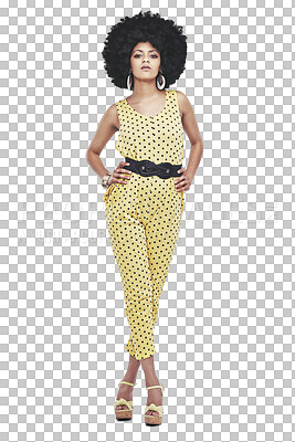 Buy stock photo Vintage, disco fashion and portrait of woman isolated on transparent png background with full body pose. Retro club culture, unique funk style and confident model with party costume, afro and pride.