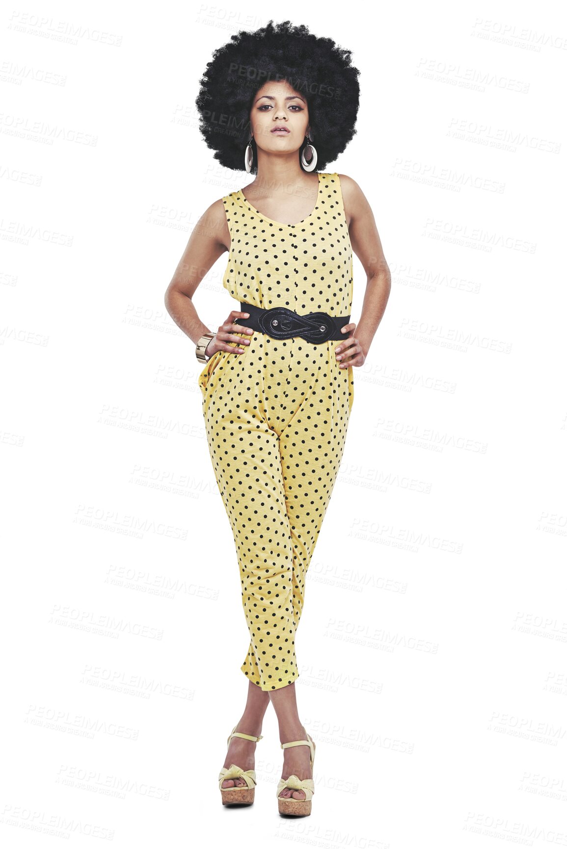 Buy stock photo Vintage, disco fashion and portrait of woman isolated on transparent png background with full body pose. Retro club culture, unique funk style and confident model with party costume, afro and pride.