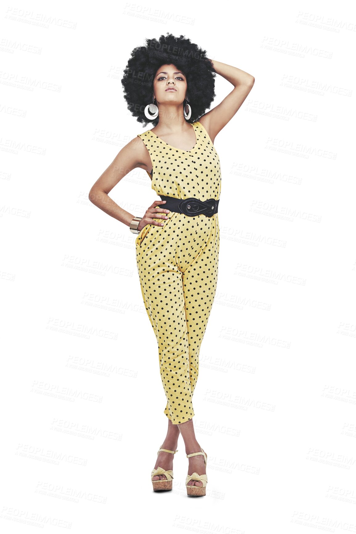 Buy stock photo Retro, afro fashion and portrait of woman isolated on transparent png background in body pose. Vintage club culture, unique funk style and confident model with party costume, disco clothes and pride.