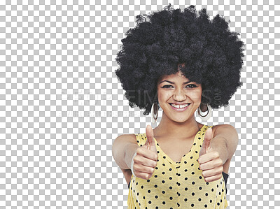 Buy stock photo Woman, smile and retro with thumbs up, portrait and isolated on transparent png background. Happy female, face and 70s style with afro, vintage and fashion for motivation, like and agreement by yes