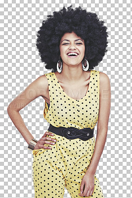 Buy stock photo Woman, afro and portrait with retro fashion, funky yellow jumpsuit with happiness isolated on png transparent background. Vintage 70s clothes, model laughing with big hair, beauty and polka dots