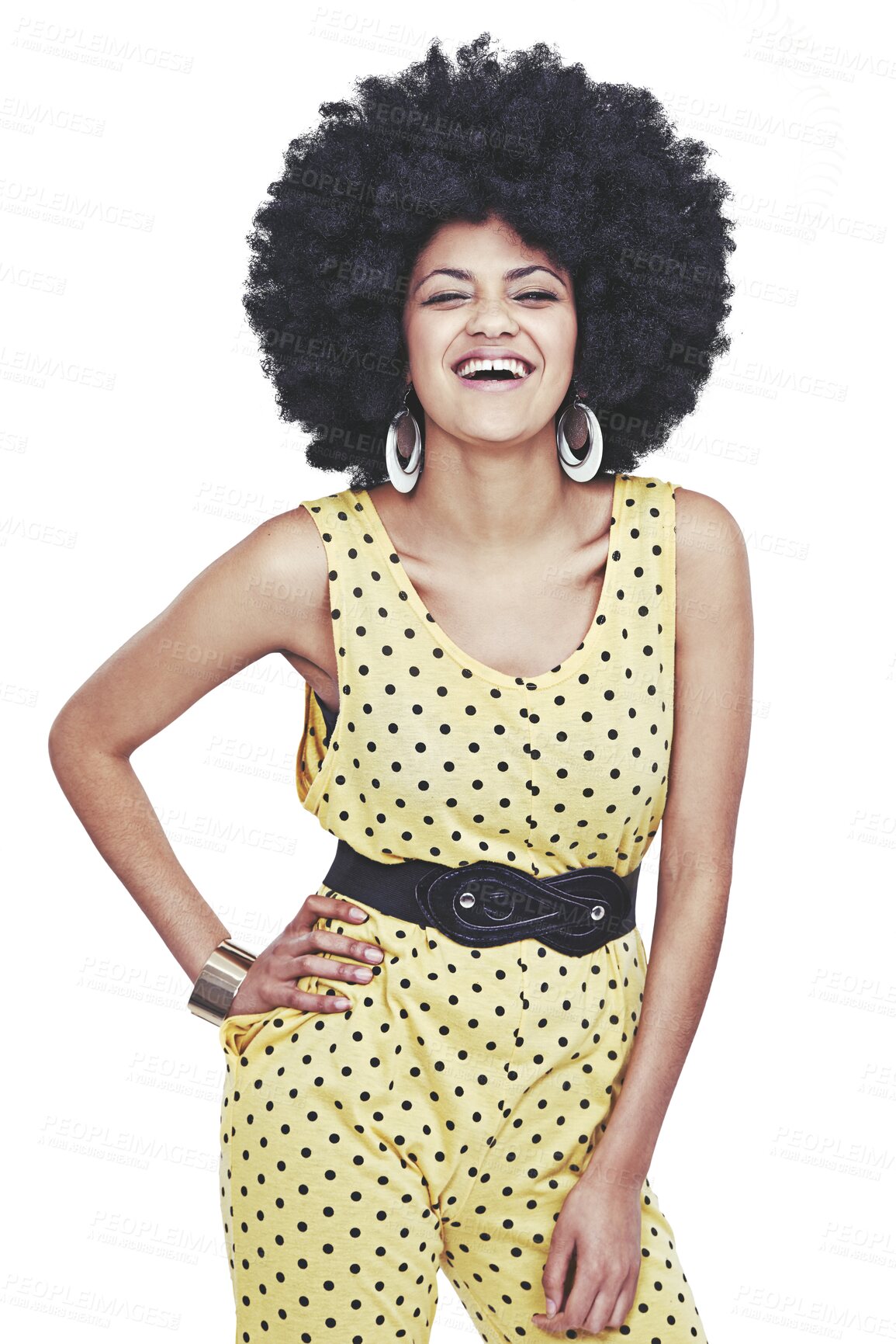 Buy stock photo Woman, afro and portrait with retro fashion, funky yellow jumpsuit with happiness isolated on png transparent background. Vintage 70s clothes, model laughing with big hair, beauty and polka dots