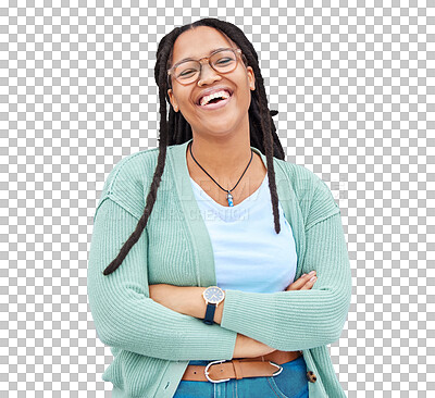 Buy stock photo Happy, portrait and black woman or university student with arms crossed in isolated, transparent or png background. Face, smile and girl relax with happiness and laugh in college with confidence