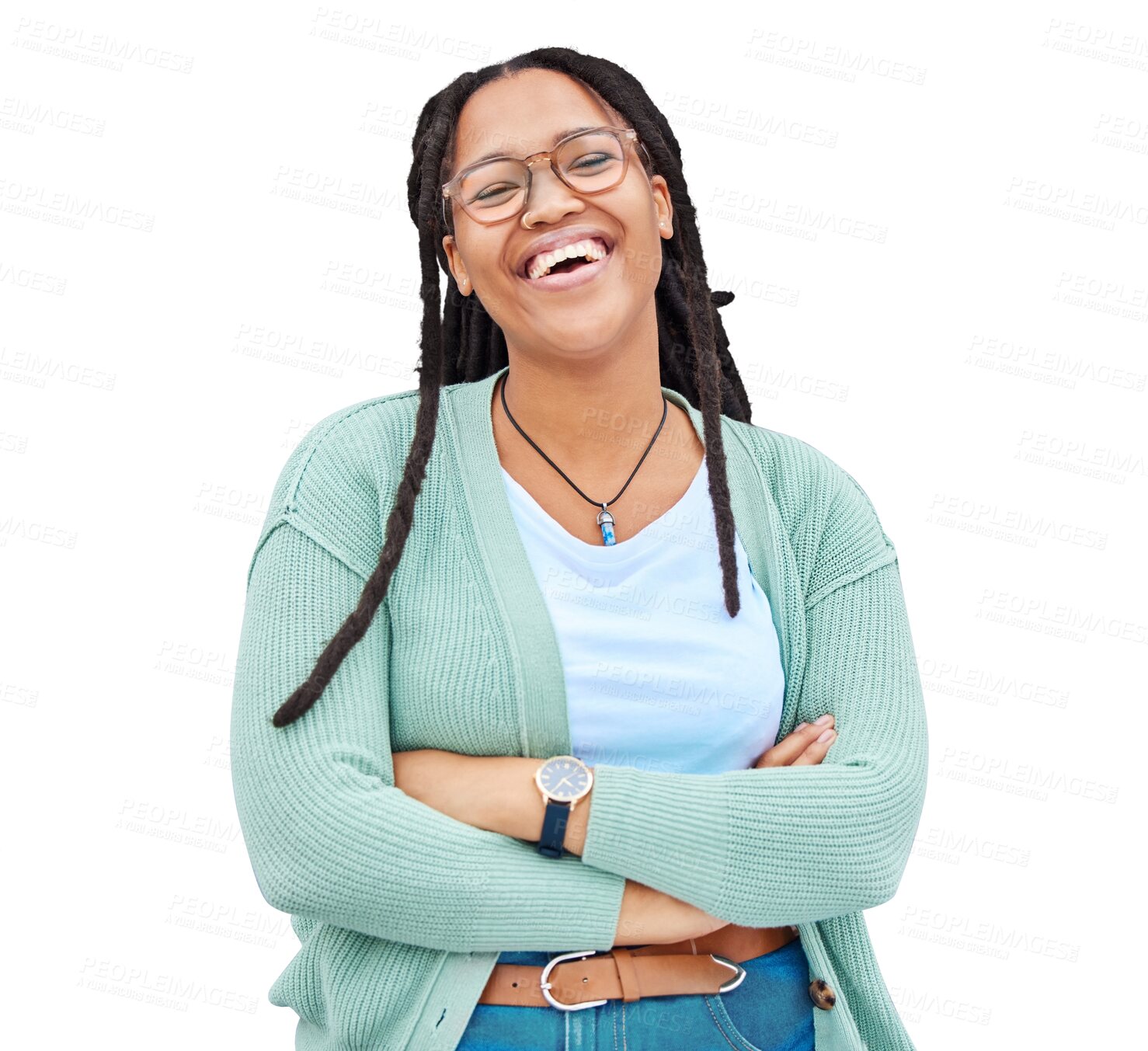 Buy stock photo Happy, portrait and black woman or university student with arms crossed in isolated, transparent or png background. Face, smile and girl relax with happiness and laugh in college with confidence