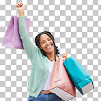 Fashion, portrait or black woman with success, shopping bag or smile walking in celebration on city street. Happy, relax or excited gen z girl with clothes, gift or products on discounted sales offer