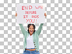 War protest, street or poster woman rally to stop Ukraine conflict, human rights support or global violence. Happy black student, banner portrait or social justice warrior fight for government change