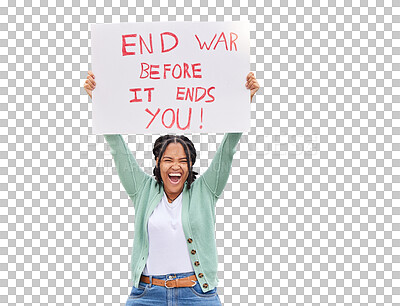 Buy stock photo Isolated African, woman and protest war on poster, portrait or justice by transparent png background. Girl, student and billboard for peace, stop violence or shout for opinion, vote or voice in Sudan