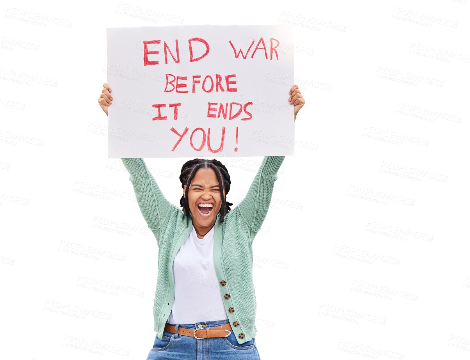 Buy stock photo Isolated African, woman and protest war on poster, portrait or justice by transparent png background. Girl, student and billboard for peace, stop violence or shout for opinion, vote or voice in Sudan