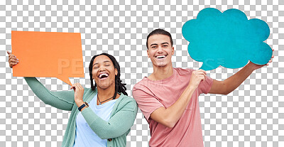 Buy stock photo Isolated couple, speech bubble and portrait with smile, social media or quote by transparent png background. Man, woman and diversity with sign, billboard or poster for opinion, voice or mockup space