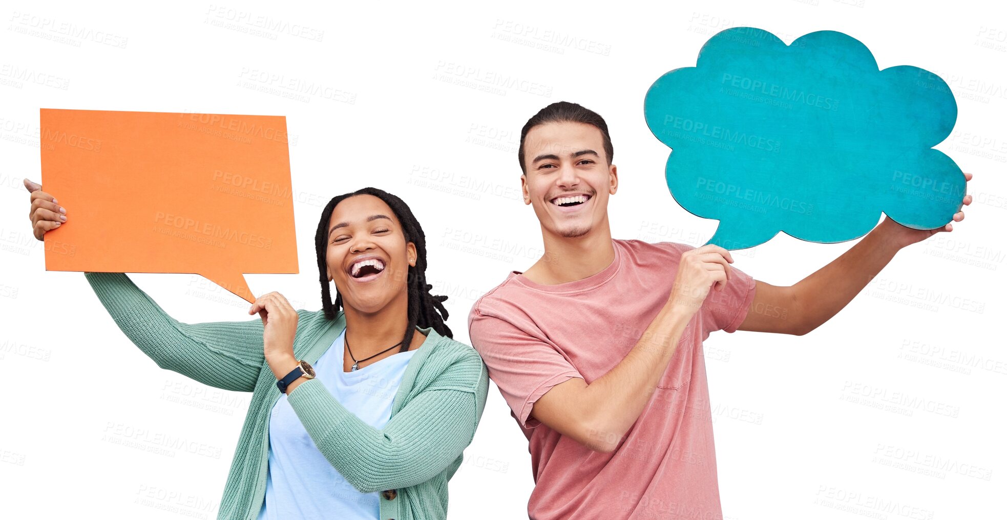 Buy stock photo Isolated couple, speech bubble and portrait with smile, social media or quote by transparent png background. Man, woman and diversity with sign, billboard or poster for opinion, voice or mockup space