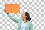 Black woman, banner or speech bubble on isolated background of voice opinion mockup, social media or vote mock up. Smile, happy or student on paper poster, marketing billboard or feedback news review