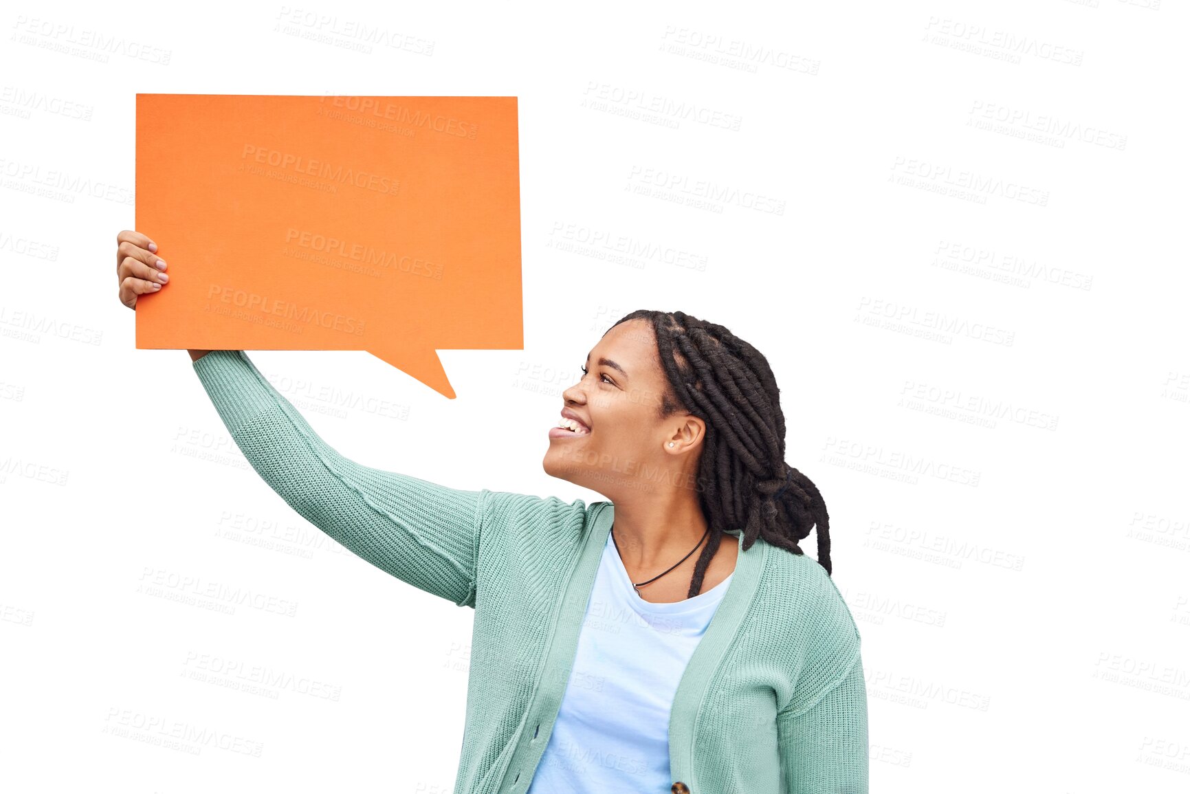 Buy stock photo Mockup, smile and woman with speech bubble for college, news or sign up on isolated, transparent or png background. University, education and happy female student with social media, offer or space