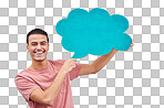 Man, portrait and speech bubble on isolated background of voice opinion mockup, social media or vote mock up. Smile, happy and student on paper poster, marketing billboard or feedback review of sales