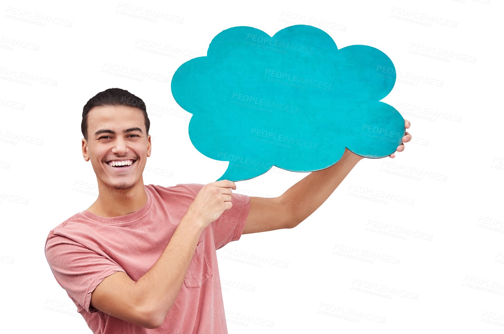 Buy stock photo Happy, portrait and man with speech bubble, presentation or sign up on isolated, transparent or png background. Face, smile or guy model show communication, banner or social media, cloud or promo