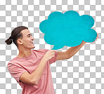 Man, banner or speech bubble on isolated background of voice opinion mockup, social media or vote mock up. Smile, happy or student on paper poster, marketing billboard or feedback review of sale deal