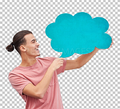 Buy stock photo Happy, man and speech bubble communication for voice, platform or forum on isolated, transparent or png background. Social media, mockup and male model show conversation, quote or translation sign up