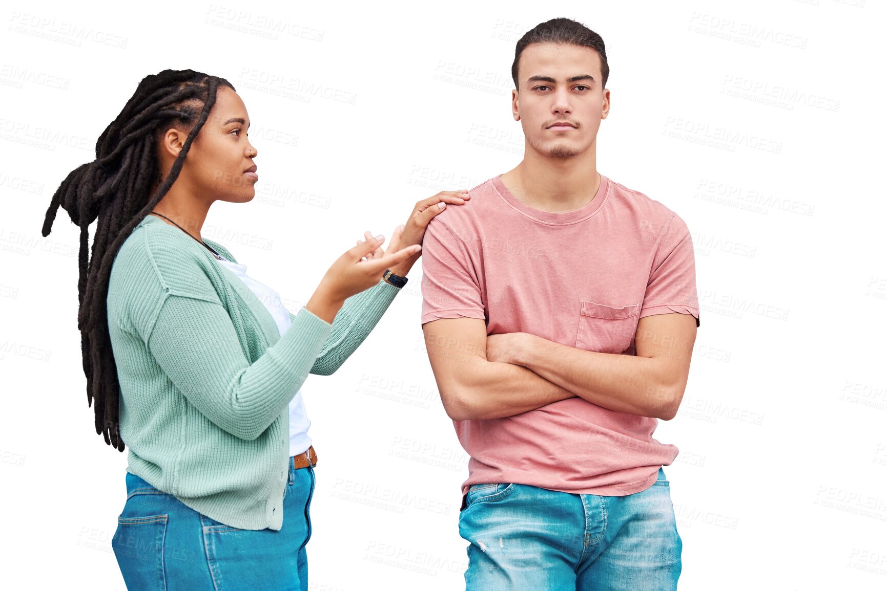 Buy stock photo Interracial couple, ignore and argument, question and divorce isolated on a transparent background. Black woman, man and marriage with conversation, angry and relationship with fight, png or conflict