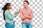 Young interracial couple, wall background and argument in city with black woman, question and conversation. Gen z man, partner and conflict in metro with relationship, fight and  angry arms crossed