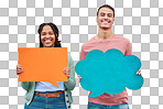 Portrait, speech bubble and couple of friends in studio for advertising, mockup and and space on grey background. Face, banner and woman with man for social networking, communication and branding