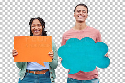 Buy stock photo Isolated couple, speech bubble and happy in portrait for social network quote by transparent png background. Man, woman and diversity with sign, billboard or poster for opinion, voice or mockup space