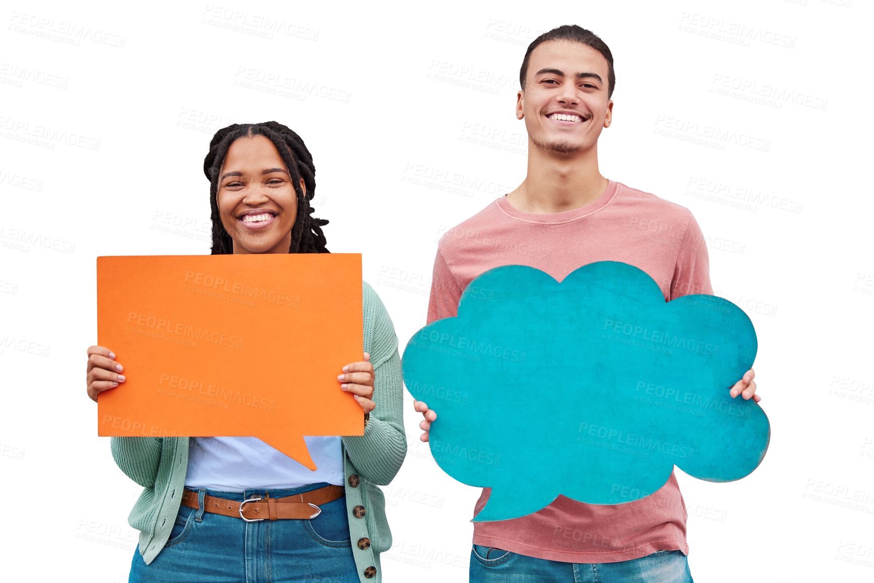 Buy stock photo Isolated couple, speech bubble and happy in portrait for social network quote by transparent png background. Man, woman and diversity with sign, billboard or poster for opinion, voice or mockup space