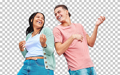 Dance, funny and interracial couple with air guitar on a wall for bonding, fun and playful in the city. Smile, laughing and black woman with a man playing an imaginary instrument for comedy together