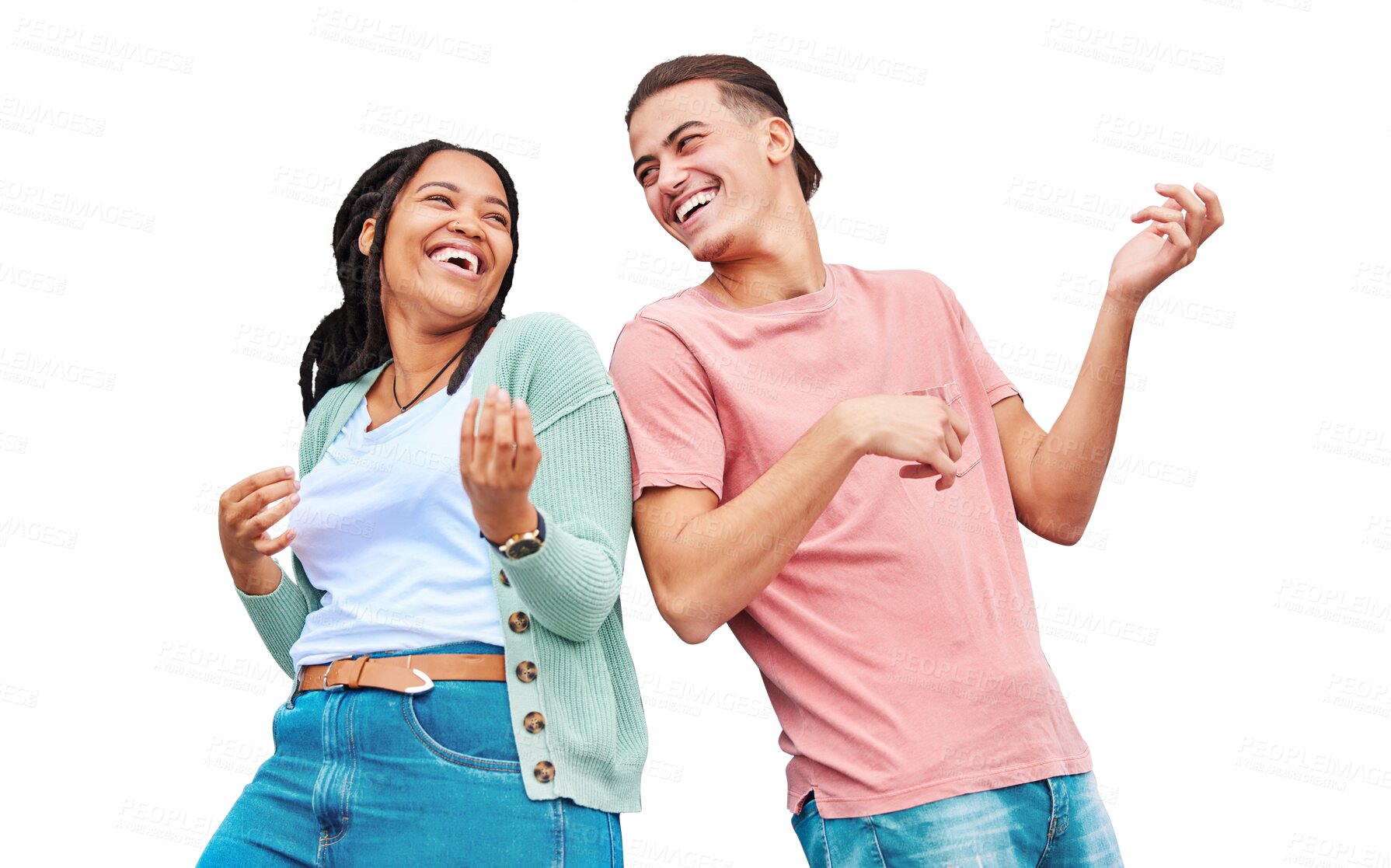 Buy stock photo Friends, dance and air guitar for happy on isolated on a transparent png background, laughing and funny. Diverse, man and woman with music, comic and air guitar for crazy, comedy and love for freedom