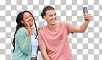 Young happy couple, selfie and smile by wall with phone, profile picture and happiness in city. Influencer, man and black woman with smartphone, social media and peace sign by background in metro