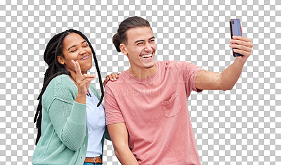 Buy stock photo Isolated couple, selfie or peace sign with smile for interracial love on web by transparent png background. Man, woman or gen z students for photography, profile picture or excited for memory on blog