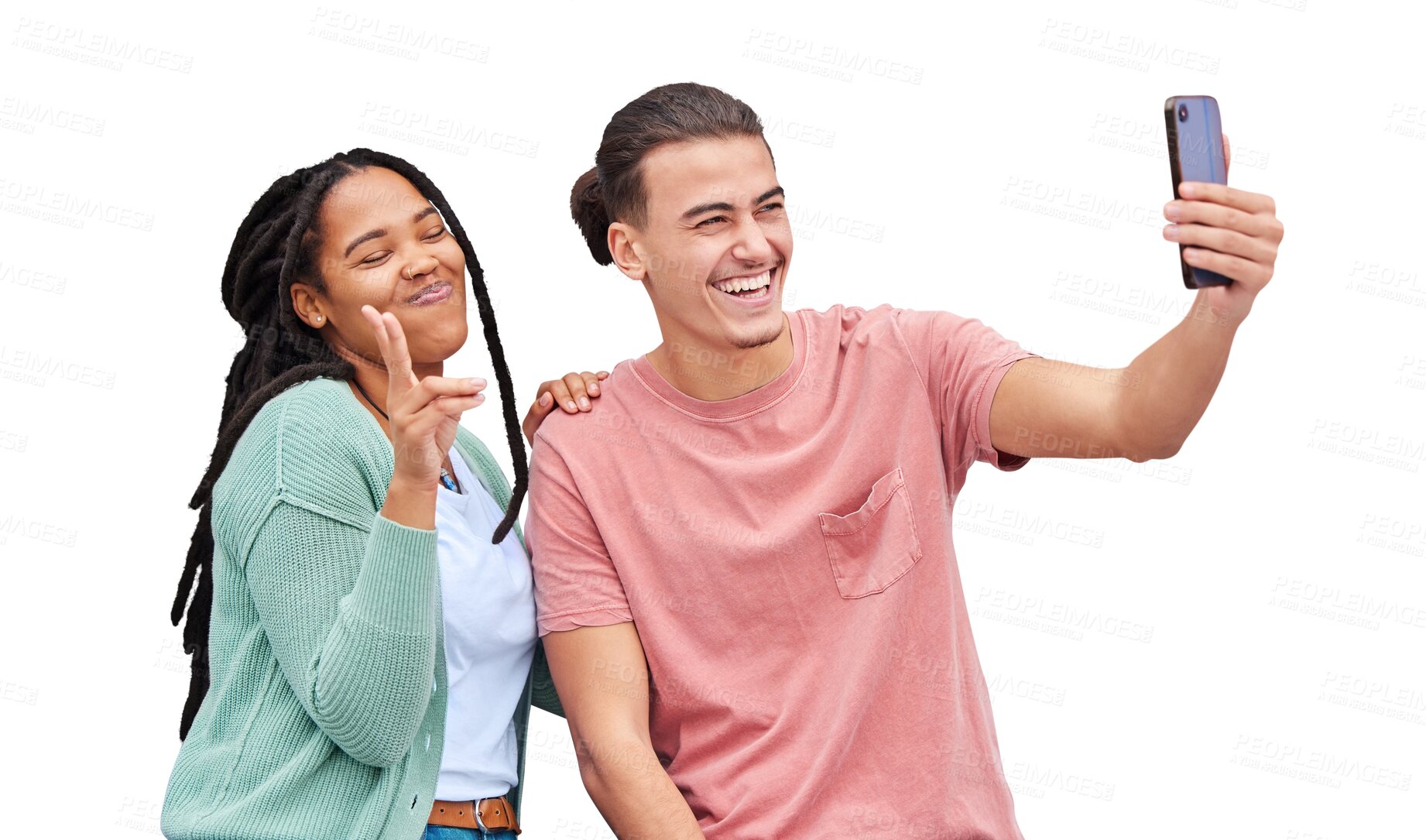 Buy stock photo Isolated couple, selfie or peace sign with smile for interracial love on web by transparent png background. Man, woman or gen z students for photography, profile picture or excited for memory on blog