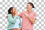 Joking, laughing and happy with a couple on a gray background, outdoor for fun or freedom together. Laughter, humor or smile with a young man and woman enjoying laughter while bonding against a wall