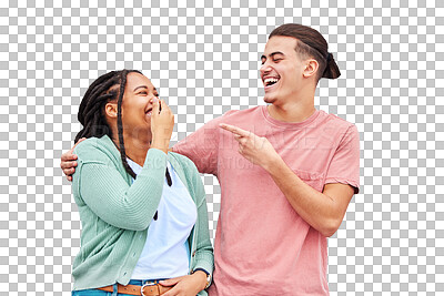 Joking, laughing and happy with a couple on a gray background, outdoor for fun or freedom together. Laughter, humor or smile with a young man and woman enjoying laughter while bonding against a wall