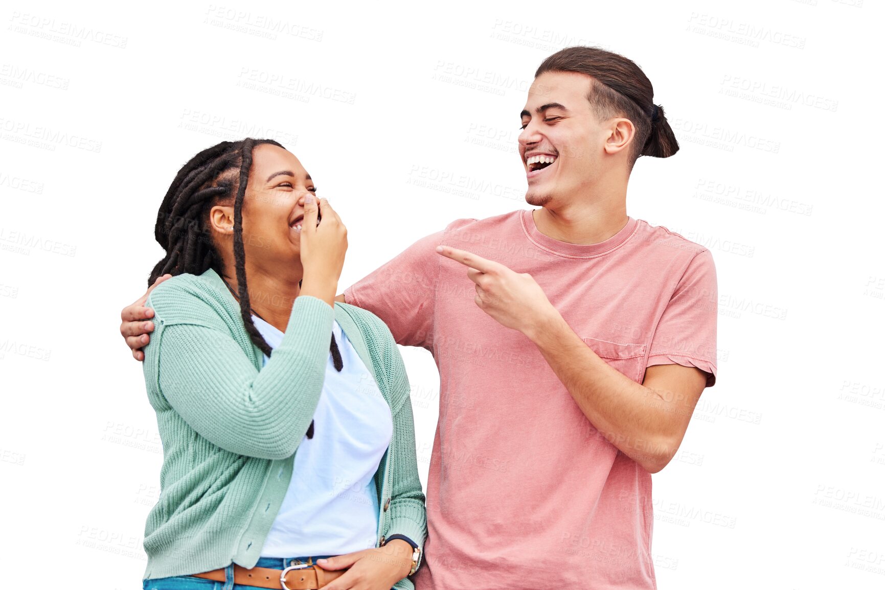 Buy stock photo Funny, laughing and couple with love, smile and relationship isolated on a transparent background. Joke, woman or happy man with joy, marriage and bonding with happiness, png and humor with fun