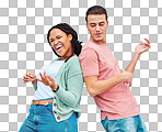 Dance, happy and playful couple with air guitar for comedy isolated on a grey studio background. Excited, crazy and interracial man and woman playing and dancing with an imaginary instrument