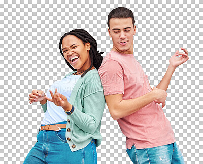 Dance, happy and playful couple with air guitar for comedy isolated on a grey studio background. Excited, crazy and interracial man and woman playing and dancing with an imaginary instrument