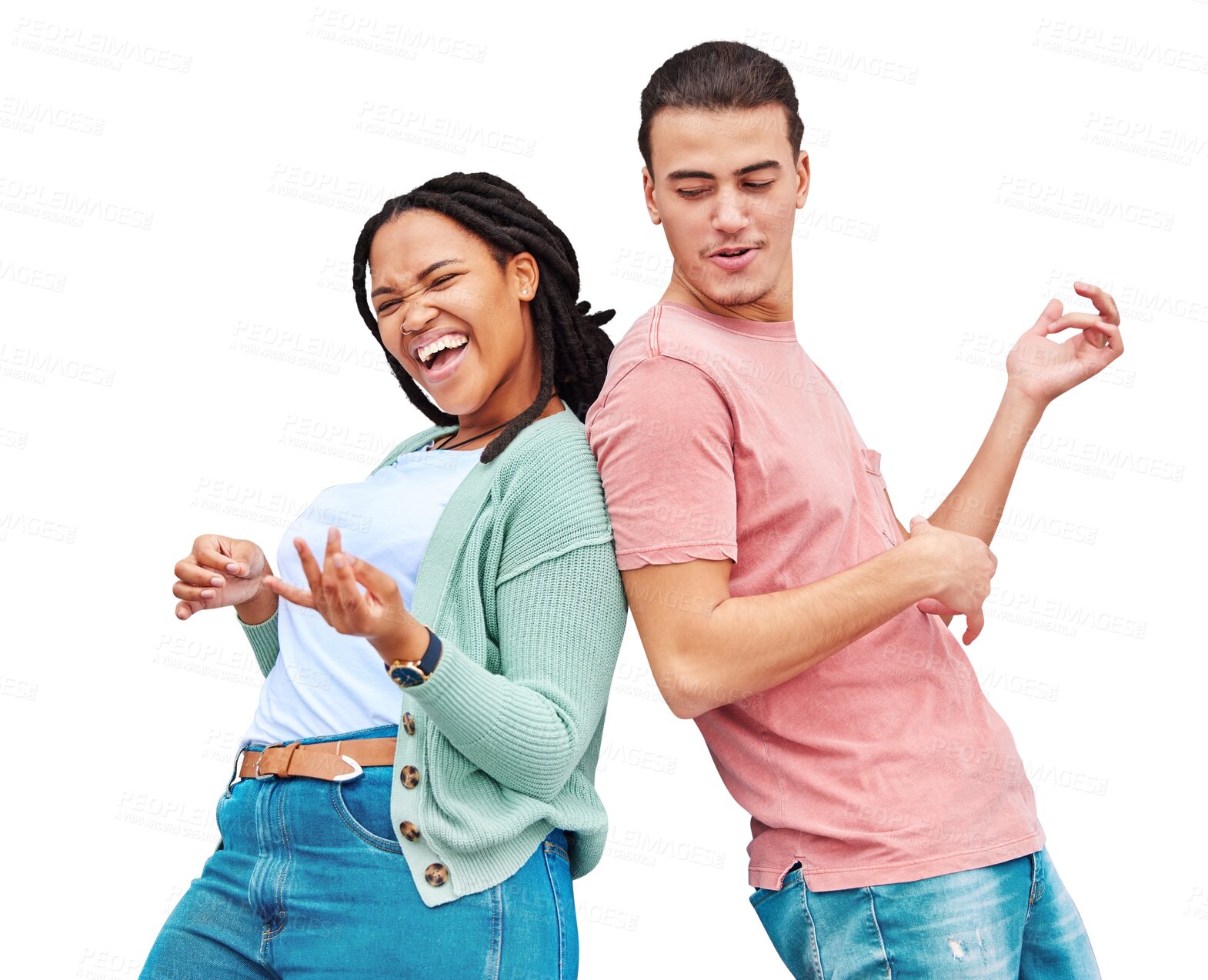 Buy stock photo Dance, happy and couple with air guitar for funny laugh isolated on a transparent png background. Excited man, woman and acoustic instrument in band, play music and interracial people party together