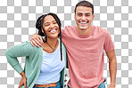 Love, romance and portrait of a happy couple by a wall in the city while on a vacation or weekend trip. Happiness, smile and interracial man and woman embracing while walking in town on a holiday.