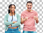 Bored, excited and portrait of an interracial couple with arms crossed, anger and happy about a win. Sad, smile and young man and woman looking angry, comic and mad about losing in a competition