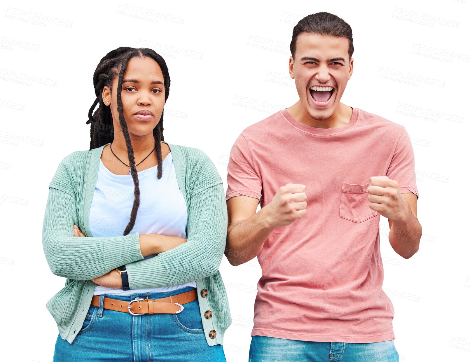 Buy stock photo Winner, loser and portrait of people in competition with happy man and sad woman on isolated, transparent or png background. Person, celebrate and girl with arms crossed for gambling, bet or fail