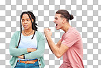 Winner, competition and success with a man celebrating after winning a bet against his loser girlfriend on gray background. Success, wow or victory with a boyfriend cheering a win against a woman